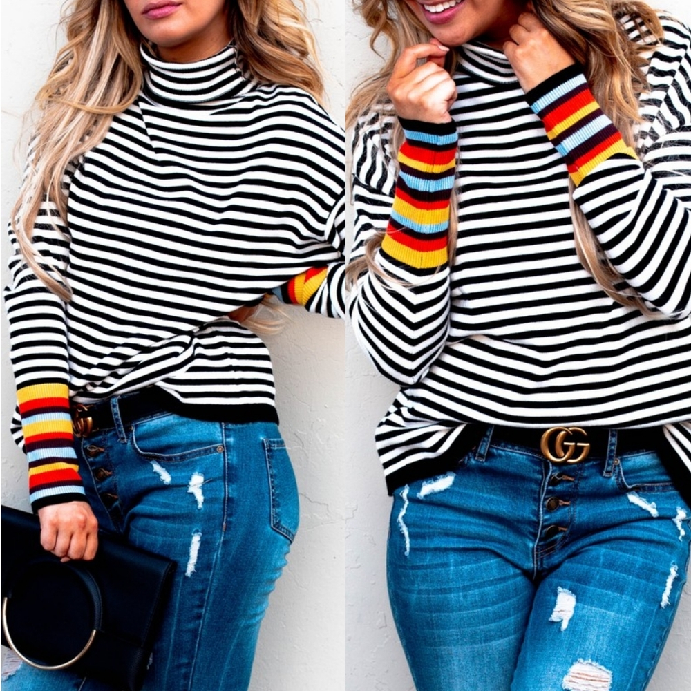 LAST 1! Striped turtleneck sweater rainbow sleeves - Picture 2 of 7